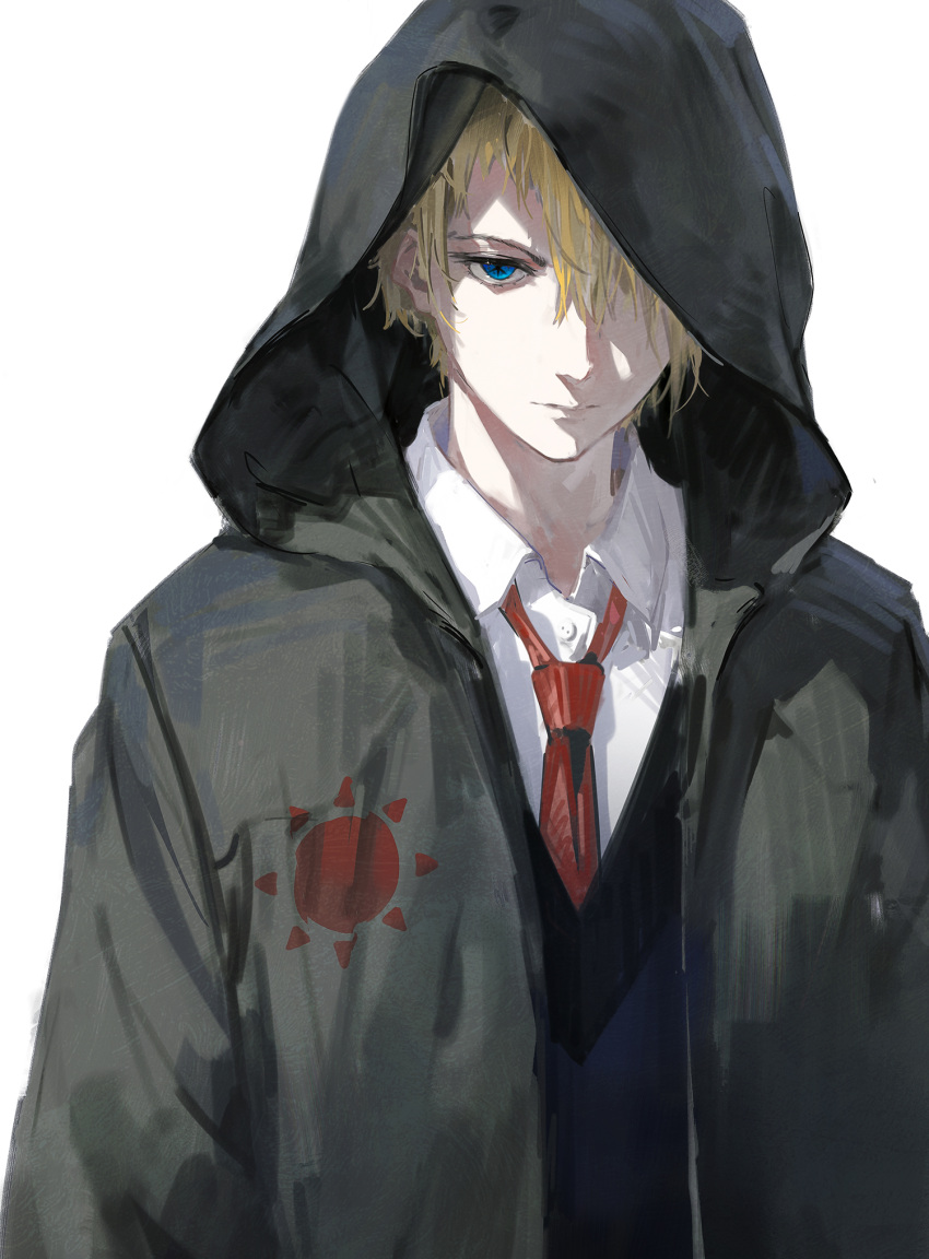 black_sweater blonde_hair blue_eyes closed_mouth collared_shirt dino_(dinoartforame) expressionless hair_over_one_eye highres hood hood_up hooded_jacket hoshino_aquamarine jacket looking_at_viewer necktie oshi_no_ko red_necktie shirt short_hair star-shaped_pupils star_(symbol) star_in_eye sweater symbol-shaped_pupils symbol_in_eye white_background white_shirt