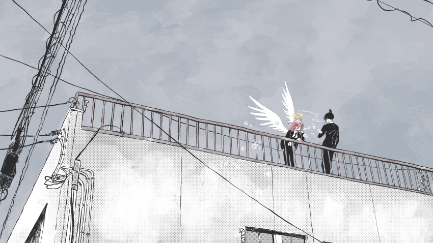 2boys against_railing angel angel_devil_(chainsaw_man) angel_wings black_hair black_jacket black_necktie black_pants brown_hair bubble_blowing building chainsaw_man cigarette collared_shirt formal grey_sky halftone_texture halo hayakawa_aki highres holding holding_cigarette jacket kumanooppo long_hair looking_to_the_side multiple_boys necktie pants railing shirt shirt_tucked_in short_hair sky skyline smoking suit suit_jacket topknot white_shirt white_wings wide_shot wings