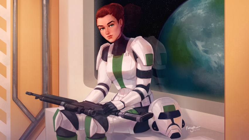 1girl absurdres dated fallingmist green_eyes gun hair_up headwear_removed helmet helmet_removed highres holding holding_gun holding_weapon indoors jana_faron looking_at_viewer orange_hair planet reflection rifle signature solo spacecraft_interior star_wars star_wars:_the_old_republic trooper_(swtor) watermark weapon window