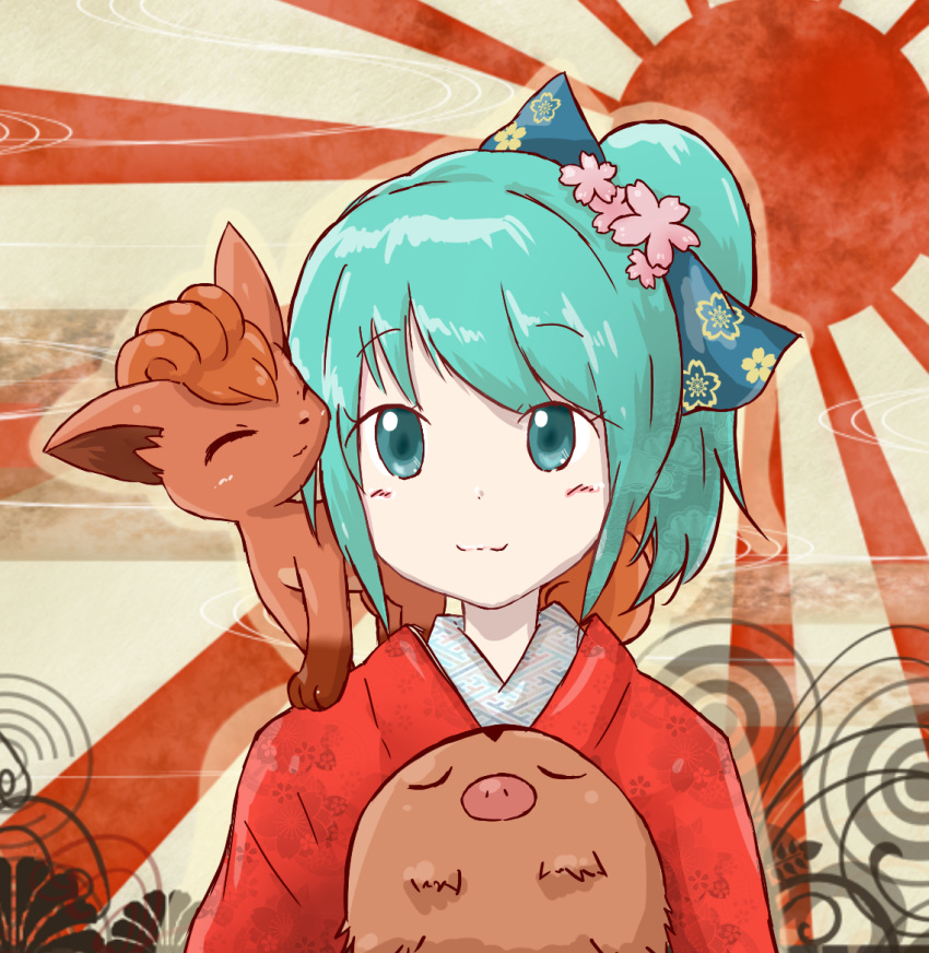 1girl blue_bow blue_eyes bow closed_eyes creature creature_on_shoulder dot_nose flower hair_flower hair_ornament high_ponytail holding holding_creature japanese_clothes kimono light_blush on_shoulder pink_flower pokemon pokemon_(creature) red_kimono rising_sun_flag short_ponytail smile sukoru sunburst swinub vulpix