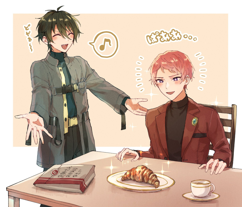 +_+ 2boys black_pants blush buckle buttons chair closed_eyes commentary_request croissant cup ensemble_stars! fingernails food green_hair hair_between_eyes highres lapels long_sleeves male_focus multiple_boys musical_note open_mouth pants pink_hair plate short_hair sitting spoken_musical_note standing table teacup teeth translation_request turtleneck upper_body upper_teeth_only valkyrie_(ensemble_stars!) violet_eyes wednesday_108