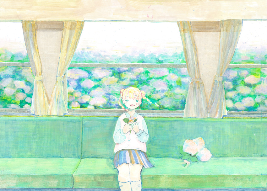 1girl absurdres blonde_hair blue_eyes curtains feet_out_of_frame flower hands_up highres holding holding_flower leaf looking_at_viewer no_nose open_mouth original shihatsu-chan_(densya_t) smile solo twintails white_flower wide_shot window