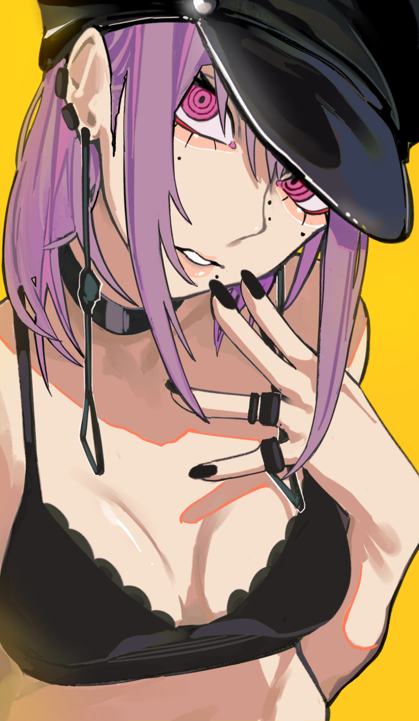 1girl black_bra black_headwear black_nails bra breasts chainsaw_man earrings fami_(chainsaw_man) hand_up hat highres jewelry looking_at_viewer medium_breasts medium_hair mole mole_under_eye mole_under_mouth parted_lips pull_cord purple_hair ring ringed_eyes sailen0 sidelocks simple_background solo underwear upper_body violet_eyes yellow_background