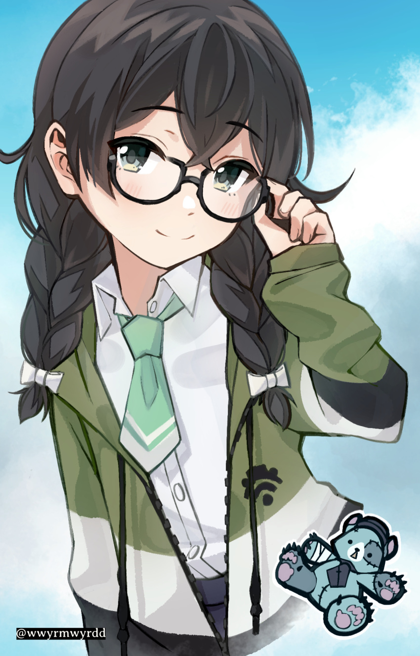 1girl adjusting_eyewear aqua_necktie bandaged_arm bandages black-framed_eyewear black_eyes black_hair black_jacket blue_sky bow braid buttons cevio closed_mouth clouds collared_shirt commentary day double-parted_bangs glasses green_jacket hair_bow hanakuma_chifuyu highres hood hood_down hooded_jacket jacket light_blush long_hair looking_at_viewer making-of_available maphren multicolored_clothes multicolored_jacket necktie open_collar outdoors semi-circular_eyewear semi-rimless_eyewear shirt sky smile solo stuffed_toy synthesizer_v twin_braids two-tone_necktie under-rim_eyewear upper_body white_bow white_hair white_jacket white_necktie white_shirt