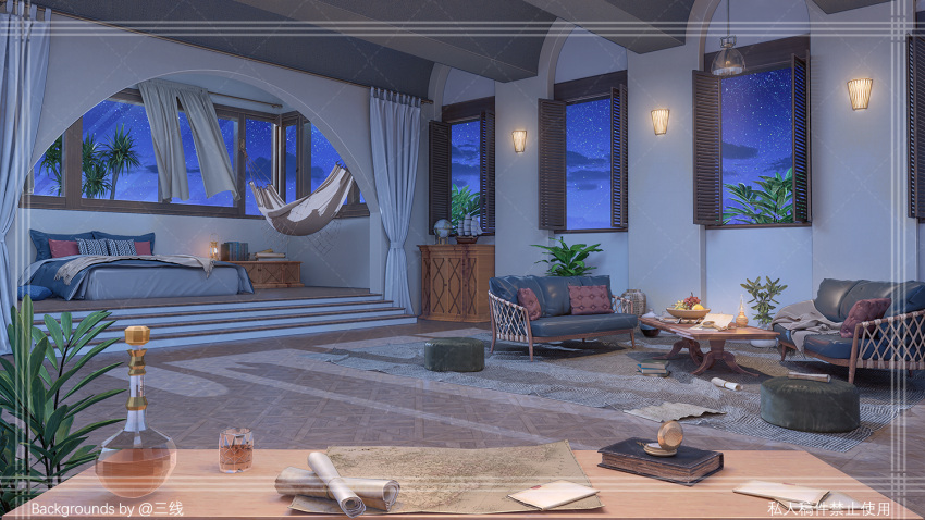 bed book bottle ceiling_light chair cup curtains drinking_glass hammock indoors map night night_sky no_humans original sanxian_(wufs4222) scenery scroll sky star_(sky) starry_sky table tree window
