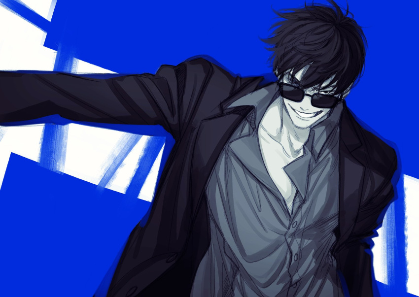 1boy 8kai_oxo7410 blue_background collarbone collared_shirt cowboy_shot greyscale_with_colored_background grin highres jacket long_sleeves looking_at_viewer male_focus nicholas_d._wolfwood partially_unbuttoned shirt short_hair smile solo standing sunglasses trigun trigun_stampede