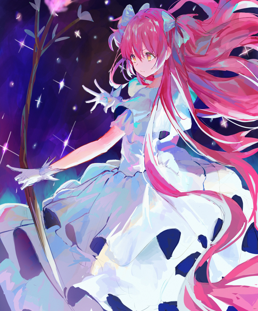 1girl abi_(user_nzav7333) absurdres bow bow_(weapon) closed_mouth commentary_request dress gloves goddess_madoka hair_bow highres holding holding_bow_(weapon) holding_weapon kaname_madoka korean_commentary long_hair looking_afar mahou_shoujo_madoka_magica pink_hair short_sleeves sky solo star_(sky) starry_sky very_long_hair weapon white_bow white_dress white_gloves wide_sleeves yellow_eyes