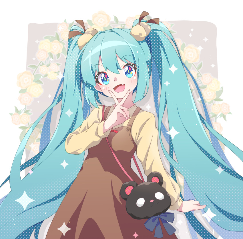 1girl :d absurdres animal_bag bag between_breasts blue_eyes blue_hair blush breasts brown_dress brown_flower brown_shirt commentary_request dress fang floral_background flower fuusen_neko hand_up hatsune_miku head_tilt highres long_hair long_sleeves looking_at_viewer puffy_long_sleeves puffy_sleeves shirt shoulder_bag sleeveless sleeveless_dress small_breasts smile solo strap_between_breasts twintails v_over_mouth very_long_hair vocaloid yellow_flower