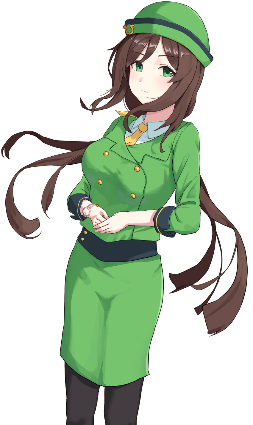 1girl absurdres animal_ears asobi_nin black_pantyhose bowler_hat brown_hair buttons collared_shirt double-breasted dutch_angle formal green_eyes green_headwear green_jacket hat hayakawa_tazuna highres horse_ears horse_girl horseshoe_ornament jacket long_hair looking_to_the_side necktie pantyhose shirt simple_background skirt skirt_suit solo split_ponytail suit umamusume white_background white_shirt yellow_necktie