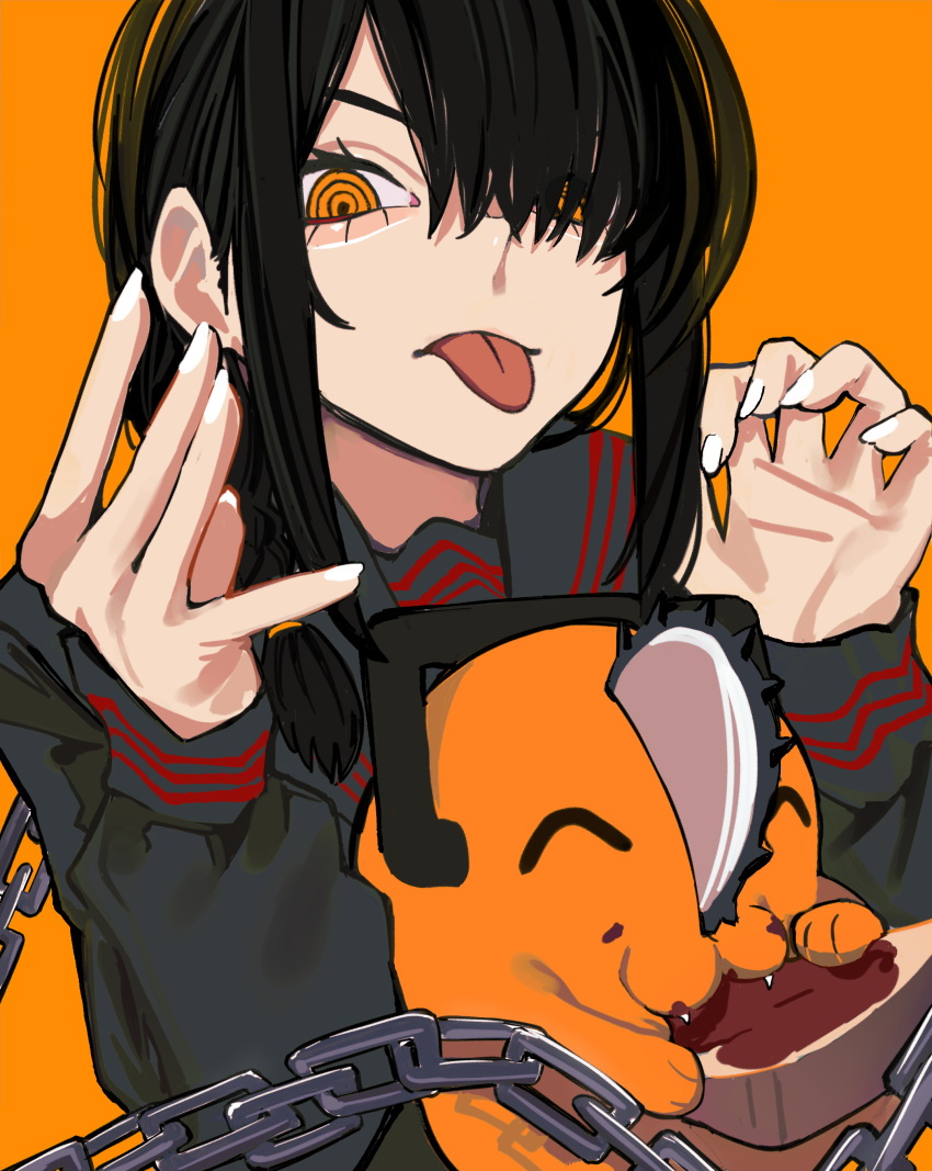 1girl ^_^ absurdres black_hair black_serafuku bread chainsaw chainsaw_man closed_eyes closed_mouth eating food hair_over_one_eye handle hands_up highres holding long_sleeves looking_at_viewer nayuta_(chainsaw_man) orange_background orange_eyes pochita_(chainsaw_man) pull_cord ringed_eyes sailen0 school_uniform serafuku sidelocks simple_background sleeves_past_wrists tongue tongue_out upper_body white_nails