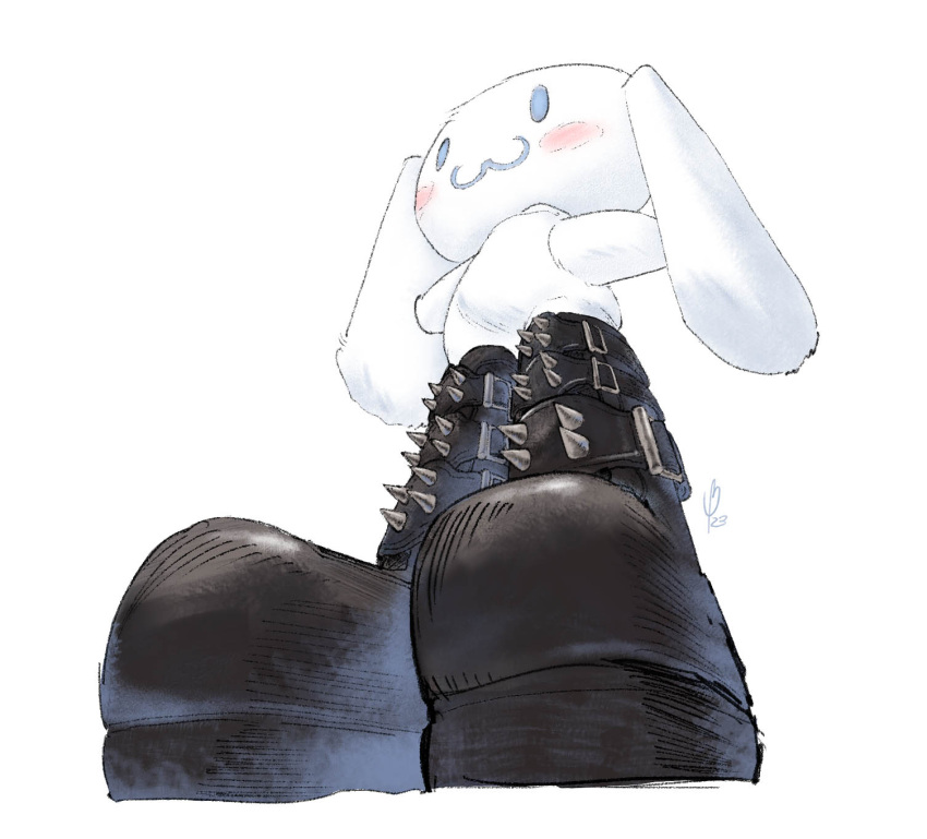 :3 arms_at_sides black_footwear blush_stickers boots cinnamoroll footwear_focus from_below highres marote03 no_humans rabbit sanrio simple_background spiked_boots white_background