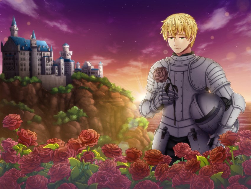 1boy absurdres armor blonde_hair breastplate castle cliff closed_mouth clouds commentary commission cowboy_shot english_commentary flower gauntlets gradient_sky green_eyes helmet highres holding holding_helmet horizon knight looking_down male_focus ocean orange_sky original outdoors pauldrons purple_sky red_flower red_rose riabels rose short_hair shoulder_armor sky solo star_(sky) starry_sky sun sunset water
