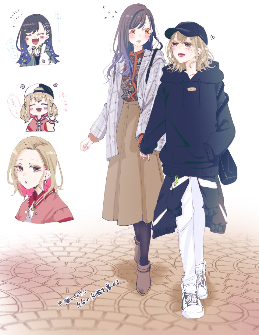 2girls :d aged_up azusawa_kohane backwards_hat bad_id bad_pixiv_id bag baggy_clothes baseball_cap black_bag black_hair black_hoodie black_jacket blue_hair blush brown_eyes brown_footwear brown_shirt brown_skirt buttons casual character_name closed_eyes clothes_around_waist collarbone collared_jacket colored_inner_hair colored_text commentary cropped_shoulders cropped_torso cross-laced_footwear dark_blue_hair double-parted_bangs dual_persona earrings facing_viewer flower_(symbol) flying_sweatdrops full_body grey_jacket hair_down hair_ornament hair_over_shoulder hairclip hand_in_pocket hand_up hashtag hat headphones headphones_around_neck heart high_collar highres holding_hands hood hood_down hoodie jacket jacket_around_waist jewelry laughing letterman_jacket light_brown_hair lipstick long_hair long_sleeves looking_at_another looking_to_the_side makeup medium_hair multicolored_clothes multicolored_hair multicolored_jacket multicolored_shirt multiple_girls multiple_persona open_clothes open_jacket open_mouth orange_eyes orange_shirt outdoors pants pantyhose parted_hair parted_lips patterned_clothing pavement pink_hair pink_jacket plaid plaid_jacket project_sekai red_jacket red_lips reyravi1024 shiraishi_an shirt shoelaces shoes shoulder_bag sideways_glance skirt sleeve_cuffs sleeves_past_wrists smile sneakers star_(symbol) star_hair_ornament streaked_hair swept_bangs two-tone_hair two-tone_headwear two-tone_jacket unbuttoned upper_body variations walking wavy_hair white_background white_footwear white_jacket white_pants