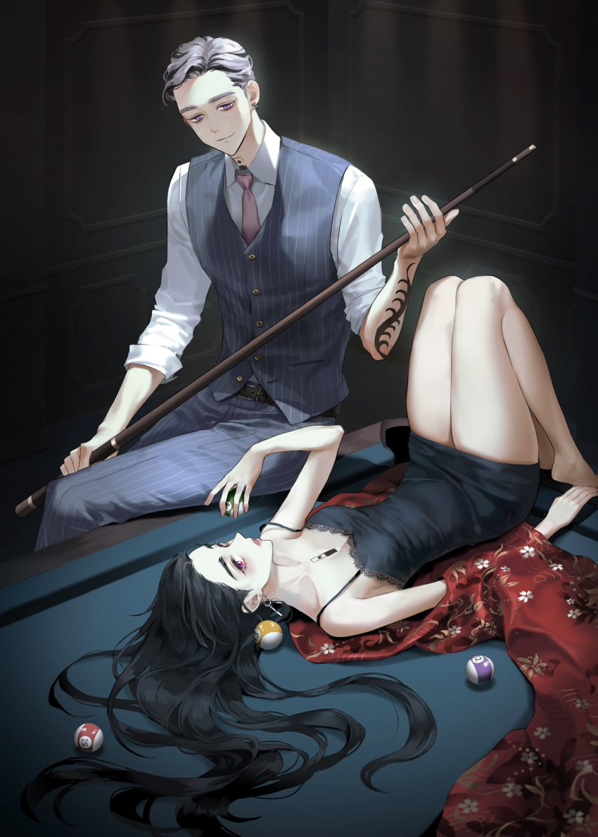 1boy 1girl arm_tattoo ball belt billiard_ball black_belt black_dress black_hair chest_tattoo closed_mouth collared_shirt cue_stick dress formal full_body genderswap genderswap_(mtf) grey_pants grey_vest haitani_ran highres holding holding_ball lawevy long_hair looking_at_another looking_at_viewer lying multicolored_hair neck_tattoo necktie on_back pants pink_necktie pool_table purple_hair shirt short_dress short_hair sleeveless sleeveless_dress sleeves_rolled_up smile table tattoo tokyo_revengers two-tone_hair vest violet_eyes white_shirt