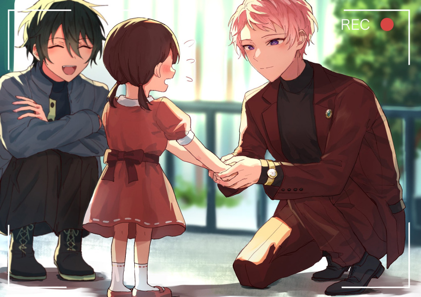 1girl 2boys black_footwear bow brown_hair buttons closed_eyes closed_mouth commentary_request ensemble_stars! female_child full_body green_hair hair_between_eyes highres holding_hands itsuki_shu jacket kagehira_mika lapels long_sleeves multiple_boys open_clothes open_jacket open_mouth pink_hair recording red_circle shoelaces short_hair short_sleeves short_twintails socks squatting standing teeth turtleneck twintails upper_teeth_only valkyrie_(ensemble_stars!) viewfinder violet_eyes watch watch wednesday_108 white_socks