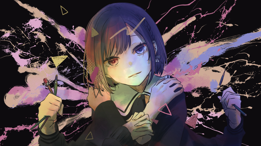 1girl alternate_eye_color bad_id bad_pixiv_id black_background black_jacket black_shirt blue_eyes blue_hair bob_cut bow bow_earrings braid broken brown_hair chimera_(vocaloid) commentary earrings extra_arms gradient_hair hands_on_own_shoulders head_tilt heterochromia highres holding holding_paintbrush holding_pencil jacket jewelry long_sleeves looking_at_viewer multicolored_background multicolored_hair neck_ribbon own_hands_together paint_splatter paintbrush parted_lips pencil project_sekai purple_hair red_eyes reyravi1024 ribbon sailor_collar shinonome_ena shirt short_hair single_braid single_stripe solo splatter splatter_background striped swept_bangs triangle upper_body white_sailor_collar yellow_ribbon