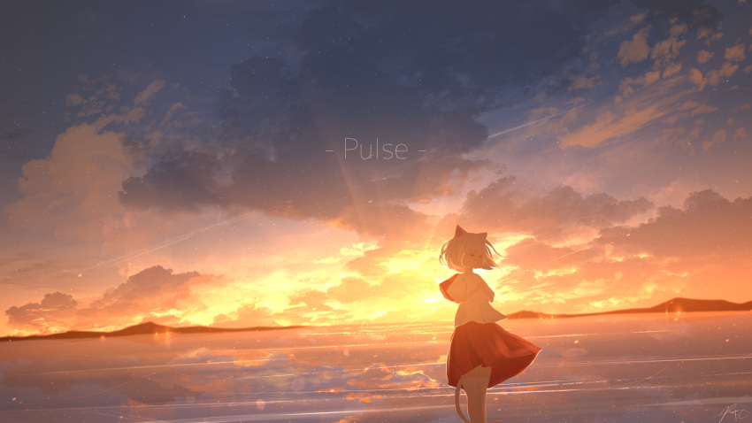 1girl animal_ears cat_ears cat_girl cat_tail closed_eyes closed_mouth clouds hands_on_own_chest highres horizon original outdoors red_skirt rune_xiao scenery shirt short_hair skirt sky solo standing sunset tail white_hair white_shirt