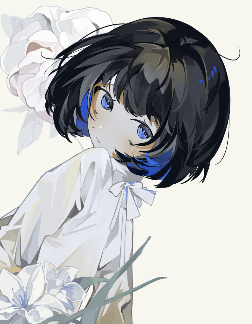 1girl absurdres black_hair blue_eyes blue_hair blush bob_cut closed_mouth colored_inner_hair cowlick dutch_angle flower from_behind highres long_bangs long_sleeves looking_at_viewer multicolored_hair original shirt simple_background solo toasu white_background white_flower white_shirt
