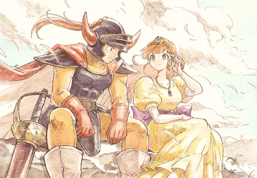 1boy 1girl armor black_eyes blue_armor blue_sky bodysuit boots breasts cape closed_mouth clouds cloudy_sky collarbone day dragon_quest dragon_quest_i dress elbow_gloves fake_horns gloves green_eyes helmet hero_(dq1) highres horned_helmet horns jewelry light_blush long_dress long_sleeves looking_at_another medium_breasts mountain mountainous_horizon necklace orange_bodysuit orange_hair outdoors princess princess_laura puffy_short_sleeves puffy_sleeves purple_ribbon red_cape red_gloves ribbon short_sleeves shoulder_armor sitting_on_rock sky smile sword tiara weapon white_footwear white_gloves wind yellow_dress yuza
