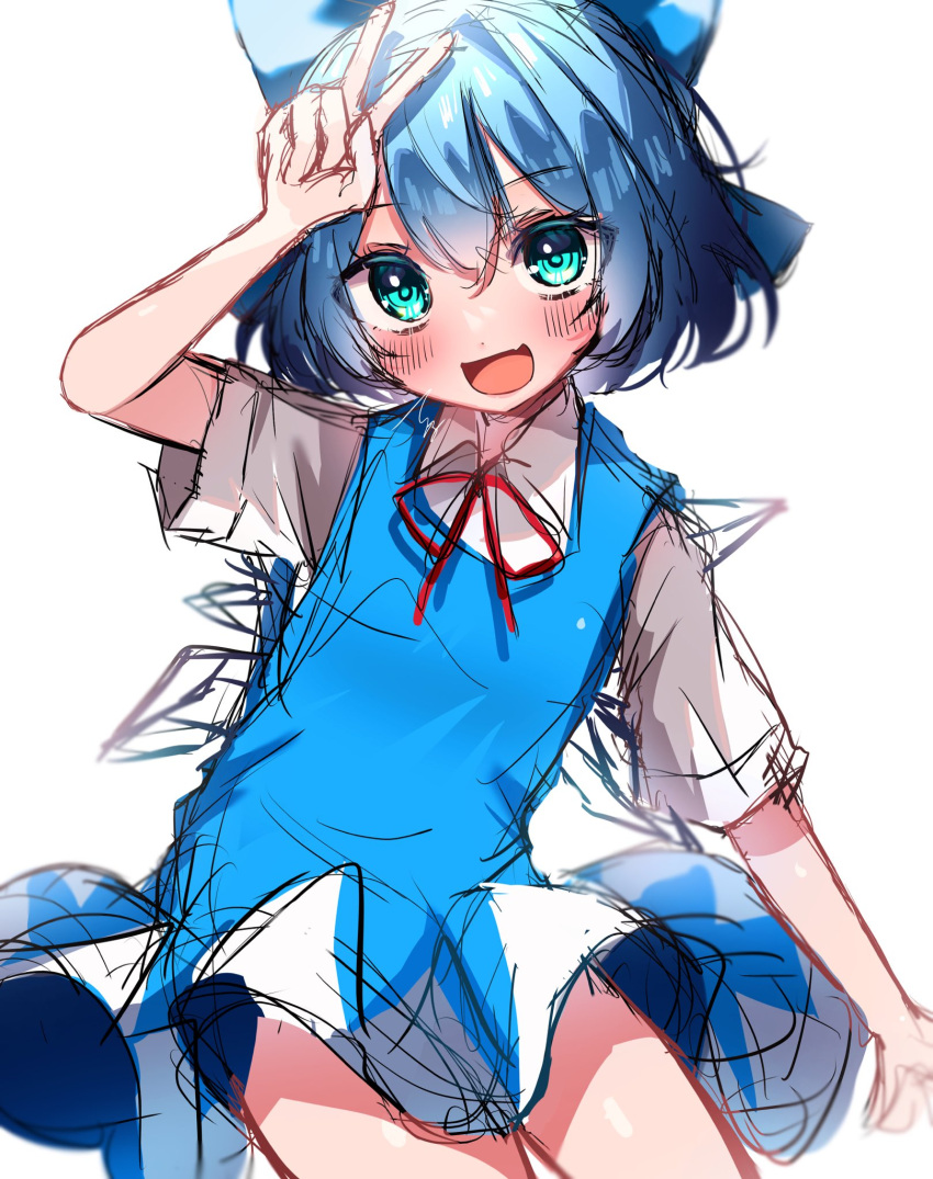 aoyama_tenchou blue_bow blue_dress blue_eyes blue_hair blush bow check_translation cirno dress fairy fairy_wings highres ice ice_wings pinafore_dress red_ribbon ribbon short_sleeves sketch sleeveless sleeveless_dress smile touhou translated translation_request v v_over_head white_sleeves wings
