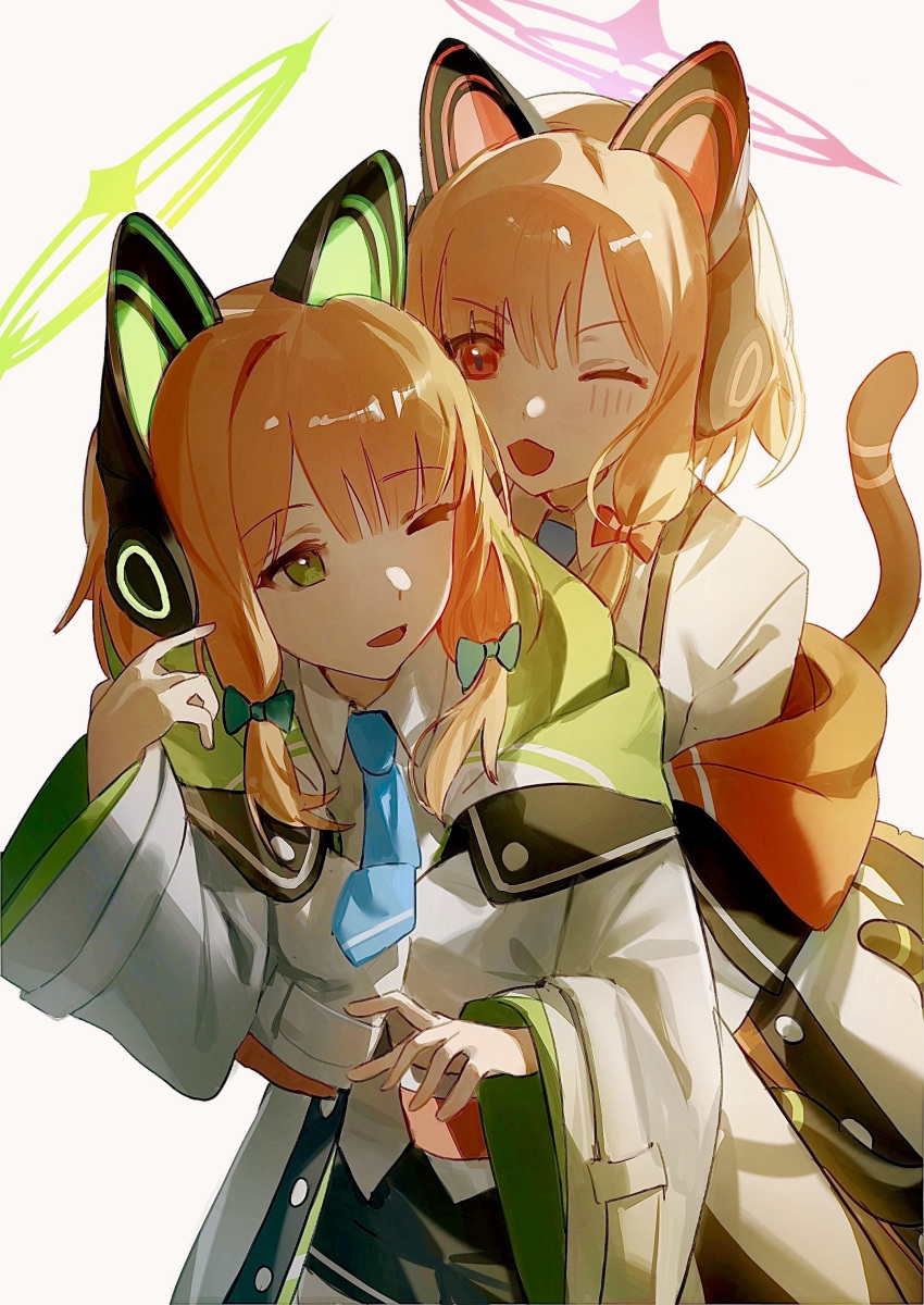 2girls absurdres animal_ears black_skirt blue_archive blue_necktie blush bow coat collared_shirt commentary fake_animal_ears flatshi green_eyes hair_bow halo headphones highres hug hug_from_behind long_sleeves looking_at_another medium_hair midori_(blue_archive) momoi_(blue_archive) multiple_girls necktie one_eye_closed open_mouth orange_hair red_eyes shirt skirt smile tail white_coat white_shirt