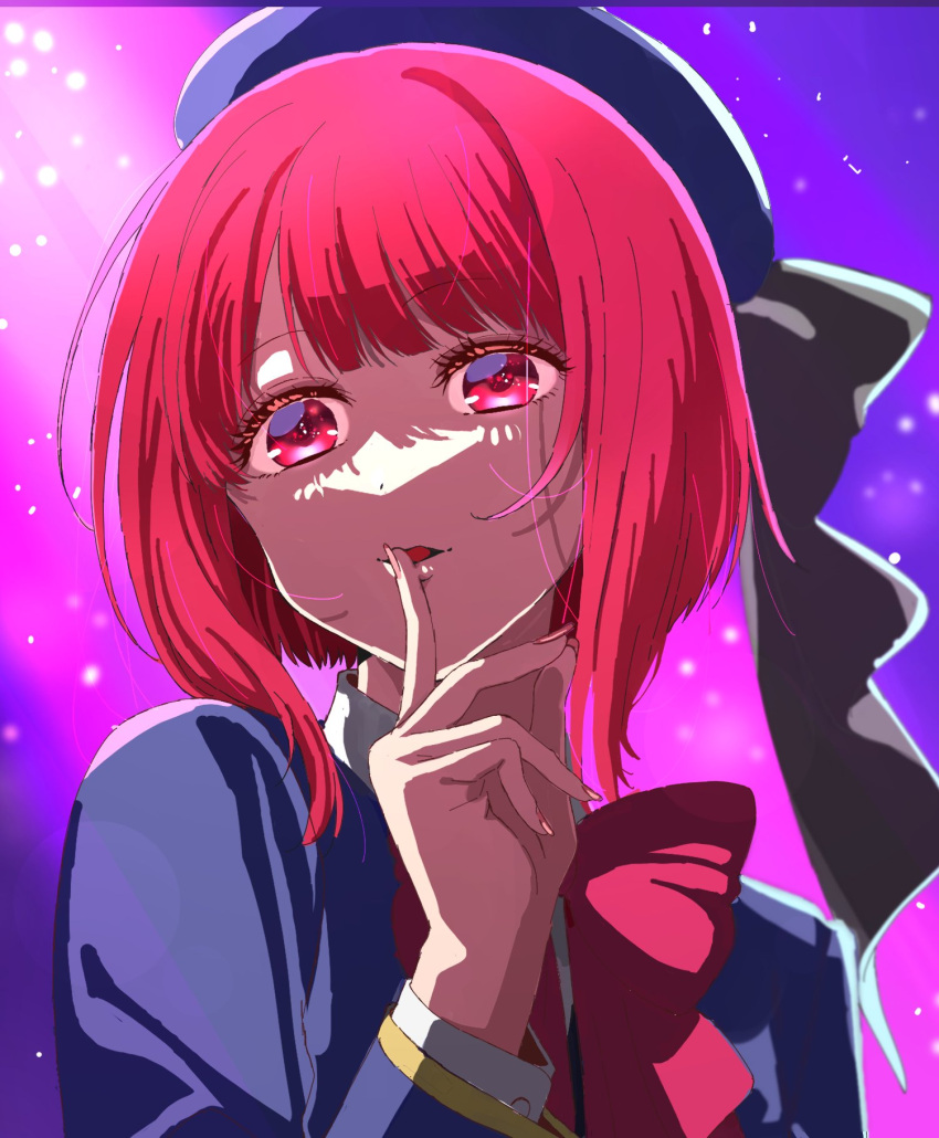 1girl arima_kana beret blue_headwear blue_jacket blunt_bangs bob_cut bow bowtie finger_to_mouth hand_up hat highres jacket looking_at_viewer open_mouth oshi_no_ko pink_bow pink_bowtie red_eyes redhead school_uniform short_hair simple_background solo tanakasan1199 upper_body youtou_high_school_uniform