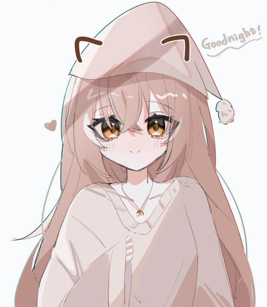 1girl alternate_costume brown_eyes brown_hair brown_sweater crossed_bangs drawn_ears english_text hana20000920 hat heart highres hololive hololive_english jewelry long_hair looking_at_viewer multicolored_hair nanashi_mumei necklace nightcap oversized_clothes smile streaked_hair sweater very_long_hair virtual_youtuber wide_sleeves