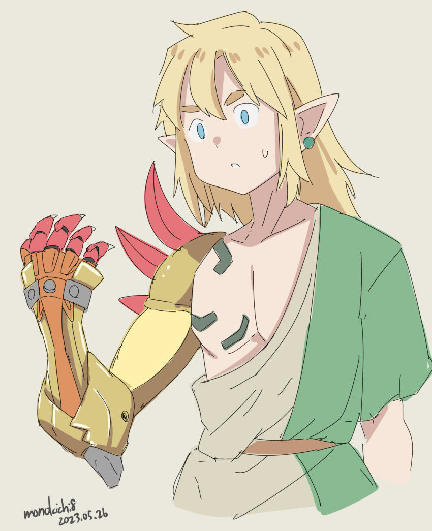 1boy artist_name belt blonde_hair dated earrings gauntlets highres jewelry kichihachi link long_hair male_focus pointy_ears scryed shell_bullet shoulder_spikes single_gauntlet spikes the_legend_of_zelda the_legend_of_zelda:_tears_of_the_kingdom toga