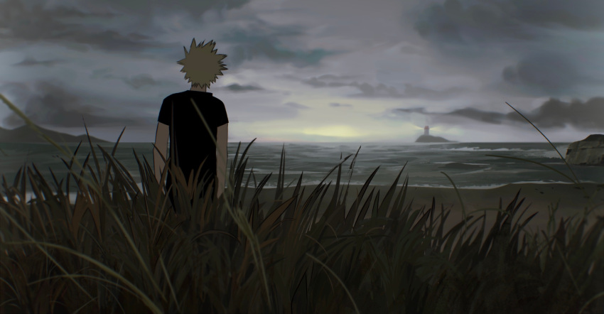1boy absurdres arms_at_sides bakugou_katsuki beach black_shirt blonde_hair blurry boku_no_hero_academia chinese_commentary chromatic_aberration clouds cloudy_sky depth_of_field english_commentary from_behind grass grey_sky highres horizon island light lighthouse male_focus mixed-language_commentary ocean outdoors pao_jiao_yu_pao_jiao rock sand shirt shore short_hair short_sleeves sky solo spiky_hair standing t-shirt water waves wide_shot