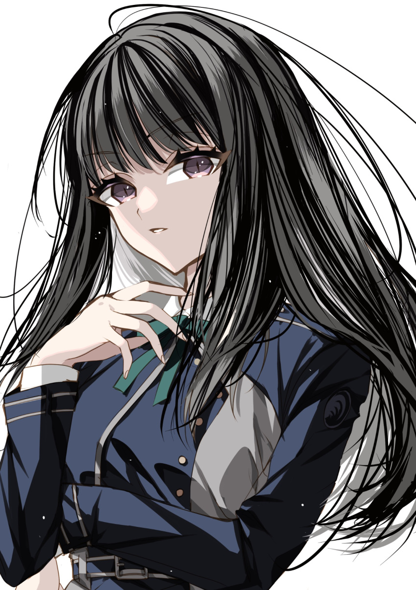 1girl black_hair blue_dress collared_shirt dress green_ribbon grey_dress hand_up highres inoue_takina long_hair long_sleeves looking_at_viewer lycoris_recoil lycoris_uniform misteor neck_ribbon parted_lips ribbon shirt simple_background solo two-tone_dress upper_body violet_eyes white_background white_shirt