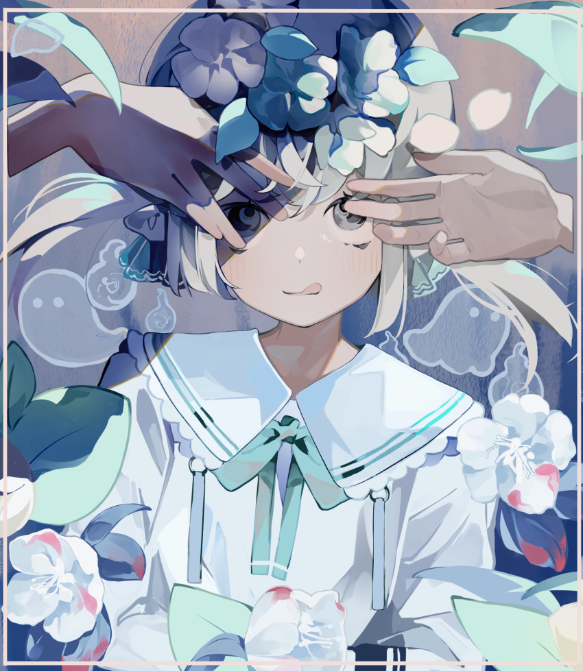 1girl 2others black_eyes blush bow bowtie covering_another's_eyes dot_nose flower ghost green_bow green_bowtie green_flower green_ribbon grey_hair hair_flower hair_ornament hair_ribbon highres long_sleeves looking_at_viewer multiple_others original out_of_frame ribbon sailor_collar shirt short_hair solo_focus toasu tongue tongue_out upper_body white_flower white_sailor_collar white_shirt