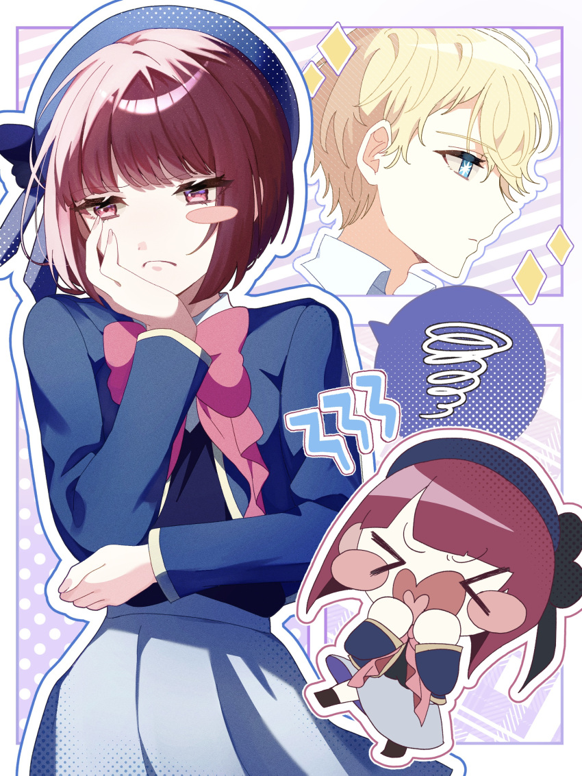&gt;_&lt; 1boy 1girl absurdres arima_kana beret black_socks black_vest blonde_hair blue_eyes blue_headwear blue_jacket blunt_bangs bow bowtie chibi closed_mouth collared_shirt comic_background cropped_shoulders grey_skirt halftone halftone_texture hand_on_own_chest hand_on_own_chin hat heart heart_in_mouth highres hoshino_aquamarine jacket long_sleeves monoha oshi_no_ko outline pink_bow pink_bowtie red_eyes redhead school_uniform shirt short_hair skirt socks star-shaped_pupils star_(symbol) symbol-shaped_pupils variations vest white_outline white_shirt youtou_high_school_uniform