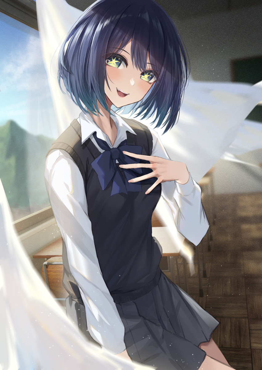 1girl absurdres amane_sora aqua_eyes black_sweater_vest blue_bow blue_bowtie blue_hair blurry blurry_background blush bow bowtie classroom collared_shirt commentary_request desk grey_skirt hair_between_eyes hand_on_own_chest highres indoors kurokawa_akane leaning_on_table light_particles long_sleeves looking_at_viewer open_mouth oshi_no_ko partial_commentary pleated_skirt school_desk school_uniform shirt short_hair skirt solo star-shaped_pupils star_(symbol) sweater_vest symbol-shaped_pupils upper_body white_shirt window