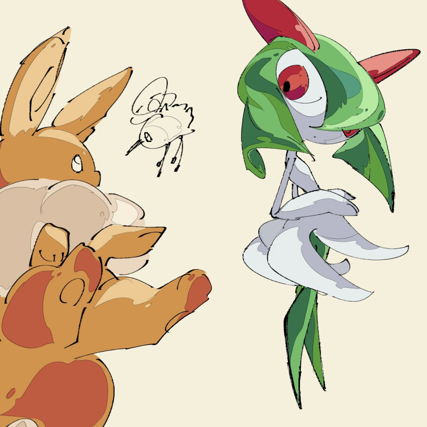 1girl closed_mouth colored_skin commentary cutiefly dot_mouth eevee expressionless eye_contact flat_chest from_behind green_hair green_skin hair_between_eyes hands_up highres kirlia looking_at_another looking_back medium_hair multicolored_skin neck_fur partially_colored pawpads pokemon pokemon_(creature) red_eyes sidelocks simple_background sketch standing takashi_(pixiv_80298118) two-tone_skin white_eyes white_skin yellow_background