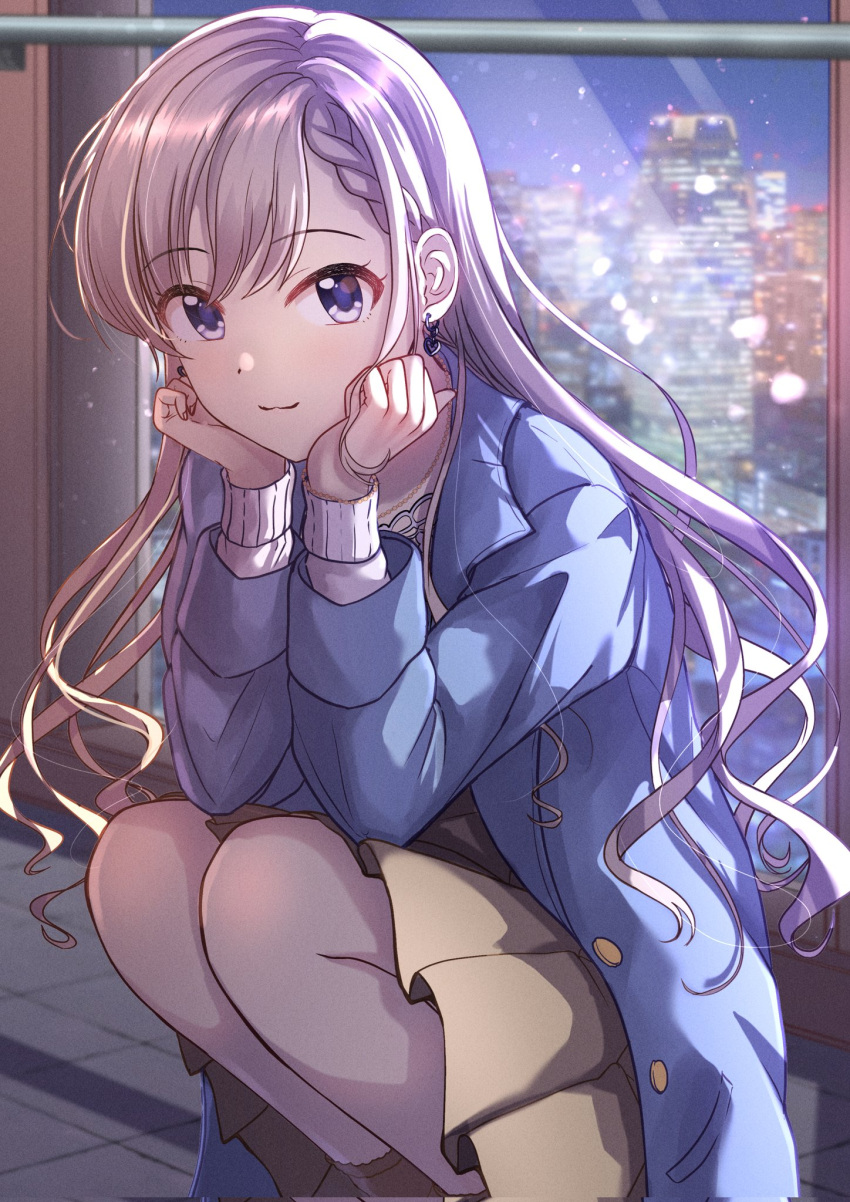 1girl blue_coat blue_eyes blush bracelet braid braided_bangs breasts brown_skirt brown_socks citrusmikan cityscape closed_mouth coat dot_nose earrings elbows_on_knees grey_hair head_rest highres hisakawa_hayate idolmaster idolmaster_cinderella_girls idolmaster_cinderella_girls_starlight_stage jewelry long_hair long_sleeves looking_at_viewer necklace night open_clothes open_coat pavement skirt smile socks solo squatting sweater very_long_hair white_sweater window