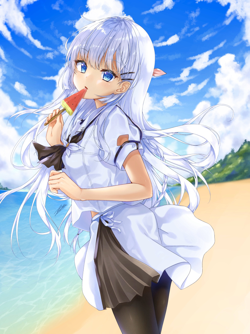 1girl absurdres amatsuji ascot beach black_ascot black_pantyhose blue_eyes blue_sky braid clouds commentary_request cowboy_shot day expressionless eyelashes food hair_between_eyes hair_ornament hair_spread_out hairclip hand_up head_tilt highres holding_ice_cream light_blush long_hair looking_at_viewer miniskirt naruse_shiroha ocean outdoors pantyhose parted_lips popsicle puffy_short_sleeves puffy_sleeves school_uniform shirt short_sleeves single_braid skirt sky solo standing summer_pockets very_long_hair watermelon_bar white_hair white_shirt white_skirt wind wind_lift