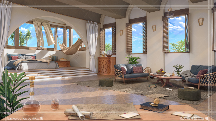 bed book bottle ceiling_light chair clouds cup curtains day drinking_glass hammock indoors map no_humans original sanxian_(wufs4222) scenery scroll table tree window