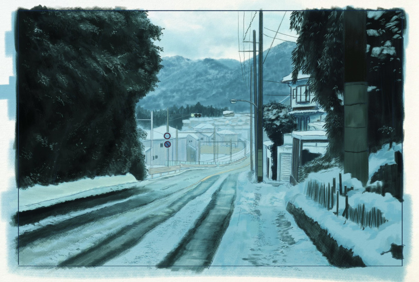 building fence garage highres house lamppost mountain mountainous_horizon nature no_humans original outdoors painting_(medium) power_lines road road_sign scenery sign siro_tae sky snow traditional_media traffic_light tree utility_pole white_sky winter wooden_fence