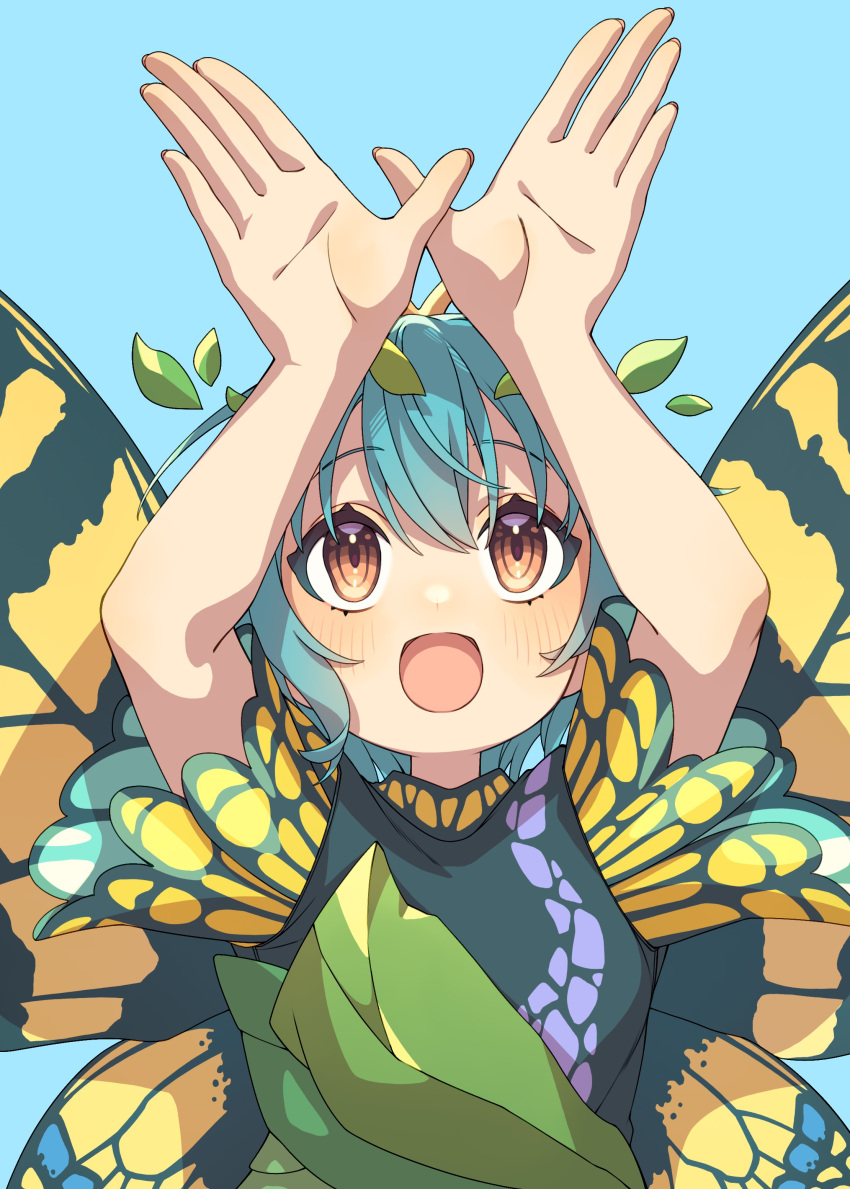 1girl absurdres antennae aqua_hair blue_background blush butterfly_wings dress e_sdss eternity_larva fairy green_dress highres leaf leaf_on_head multicolored_clothes multicolored_dress open_mouth orange_eyes short_hair short_sleeves simple_background smile solo touhou upper_body wings