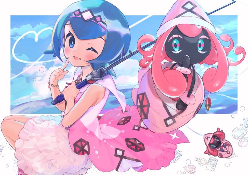 1girl ;d abe_(kumayu) blue_hair blush bracelet bubble clouds commentary_request day dress fishing_rod hairband hands_up heart highres holding holding_fishing_rod index_finger_raised jewelry lana_(pokemon) lana_(sygna_suit)_(pokemon) looking_at_viewer official_alternate_costume one_eye_closed open_mouth outdoors pokemon pokemon_(creature) pokemon_(game) pokemon_masters_ex short_hair sky smile tapu_lele