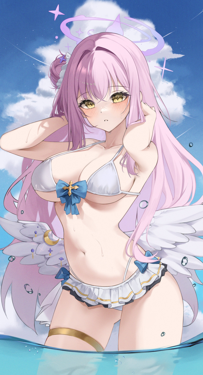 1girl absurdres angel_wings blue_archive haku_(liiixixixiii) halo highres long_hair looking_at_viewer mika_(blue_archive) pink_hair solo swimsuit thighs white_wings wings yellow_eyes