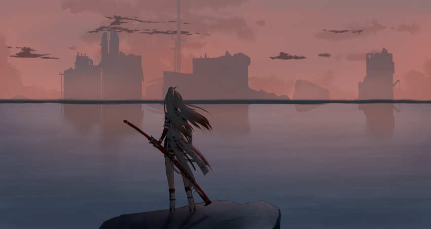 1girl alpha_(punishing:_gray_raven) cityscape from_behind gradient_hair highres holding holding_sheath jacket long_hair lucia:_crimson_weave_(punishing:_gray_raven) mechanical_arms multicolored_hair ponytail punishing:_gray_raven redhead ruins sheath sheathed sword weapon white_hair white_jacket youlanling