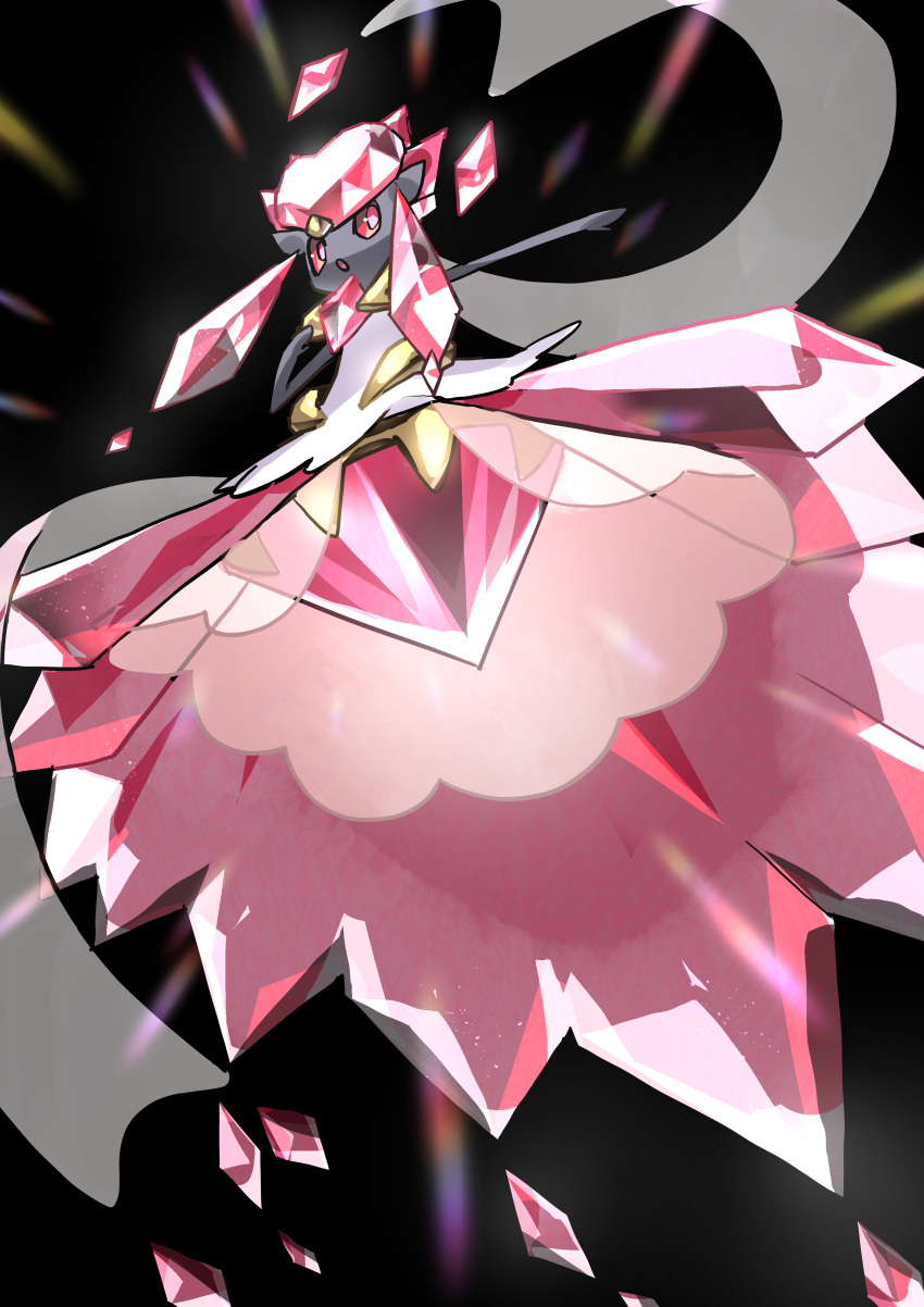 :o absurdres black_background commentary_request diancie from_below highres mega_diancie mega_pokemon no_humans outstretched_arm pokefia pokemon pokemon_(creature) red_eyes sideways_glance solo