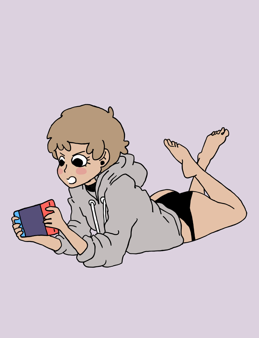 1girl absurdres choker full_body highres incredibly_absurdres lying nintendo_switch panties playing_games short_hair simple_background sweater underwear