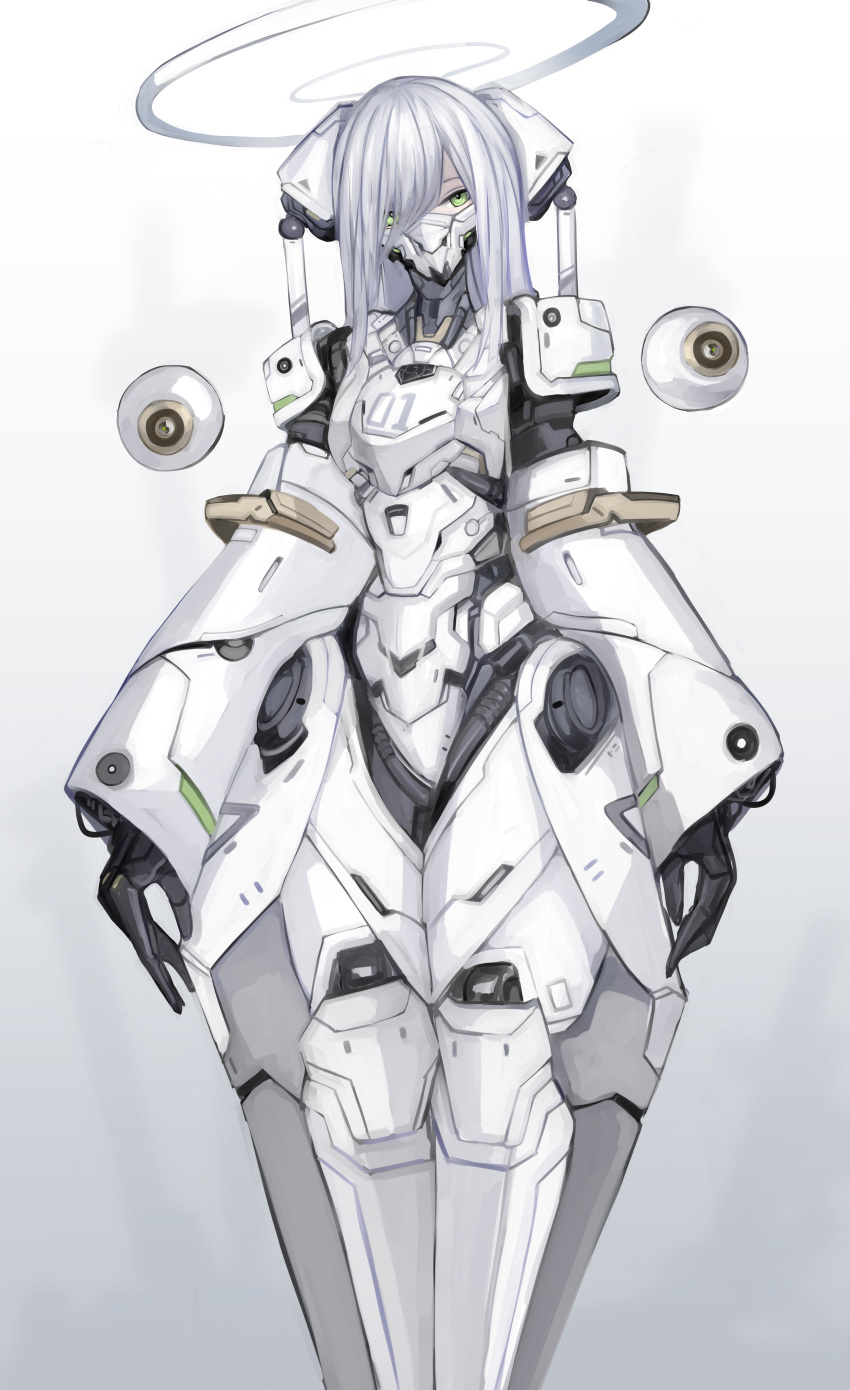 1girl absurdres aokuma_(yuuran_create) armor arms_at_sides drone green_eyes grey_background halo head_tilt headgear highres long_hair looking_at_viewer mask mecha_musume mouth_mask original science_fiction solo white_hair