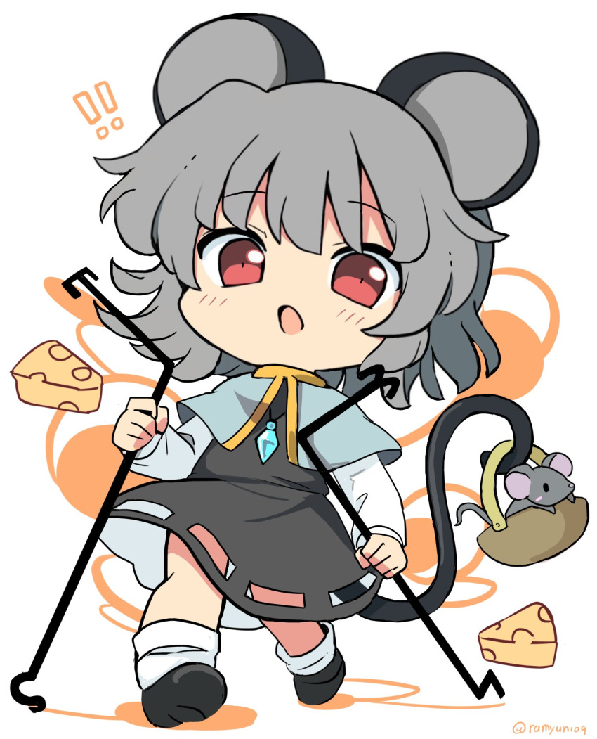 ! !! 1girl animal animal_ears black_dress black_footwear blush capelet cheese commentary dowsing_rod dress food grey_capelet grey_hair highres jewelry long_sleeves mouse mouse_ears nazrin open_mouth pendant ramudia_(lamyun) red_eyes shoes short_hair simple_background socks solo touhou white_background white_socks