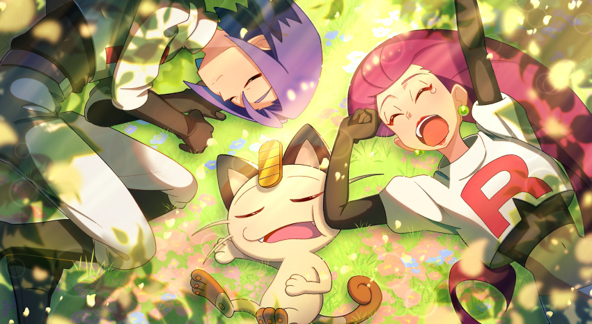 1boy 1girl absurdres boots commentary_request cropped_jacket earrings flower from_above grass highres jacket james_(pokemon) jessie_(pokemon) jewelry lipstick logo long_hair lying makeup meowth mizutora_zamasu on_side open_mouth pants pink_flower pokemon pokemon_(anime) purple_hair red_lips shadow shirt sleepy stretching team_rocket team_rocket_uniform teeth tongue upper_teeth_only