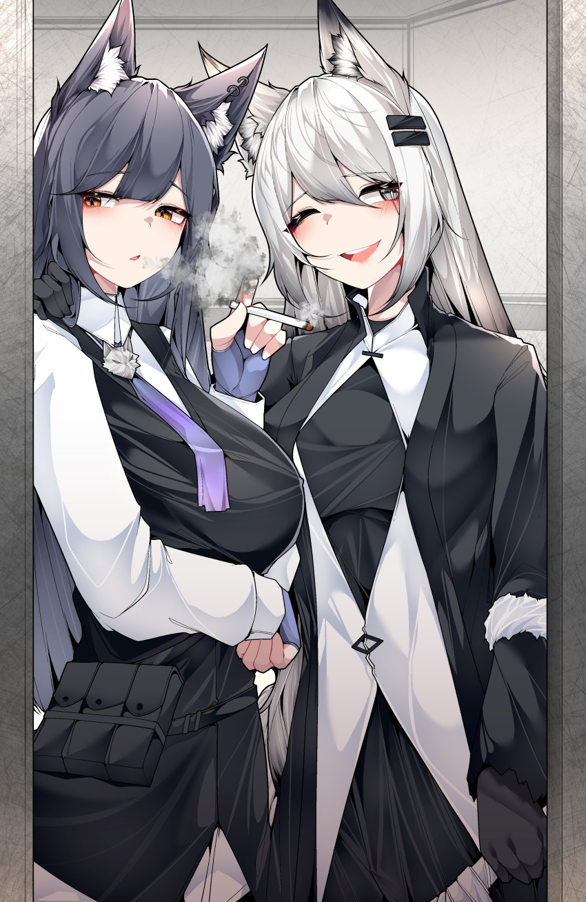 2girls :d absurdres animal_ears arknights arm_under_breasts belt belt_pouch black_jacket black_vest blush breasts cigarette collared_jacket collared_shirt cowboy_shot ear_piercing eyeshadow fox_ears fox_girl fox_tail grey_eyes grey_hair hair_between_eyes hair_ornament hairclip hand_on_another's_shoulder highres holding holding_cigarette indoors jacket lappland_(arknights) large_breasts long_hair long_sleeves looking_to_the_side makeup multiple_girls one_eye_closed open_clothes open_jacket open_mouth orange_eyes piercing pouch red_eyeshadow samip shirt sidelocks sleeve_cuffs small_breasts smile smoke smoking tail teeth texas_(arknights) texas_the_omertosa_(arknights) upper_teeth_only vest white_hair white_shirt