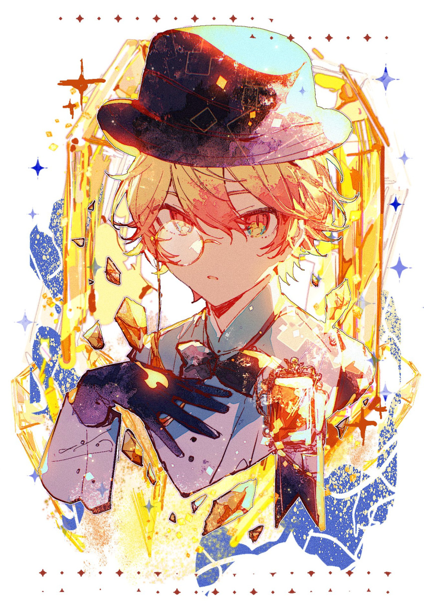 1boy black_bow black_bowtie black_gloves bow bowtie chulixun1 commentary gloves hand_on_own_chest hat highres long_sleeves monocle orange_eyes orange_hair parted_lips project_sekai short_hair solo star_(symbol) tenma_tsukasa