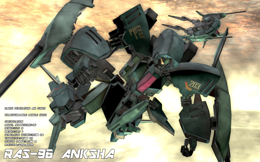 3d anksha arm_cannon beam_cannon character_name chibipen commentary_request dusk earth_federation english_text flying gundam gundam_unicorn highres machinery mecha mobile_suit no_humans realistic robot roundel science_fiction shield spacecraft starfighter transformation weapon